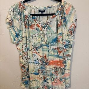 Chaps Artistic Blue and Orange Women's Blouse